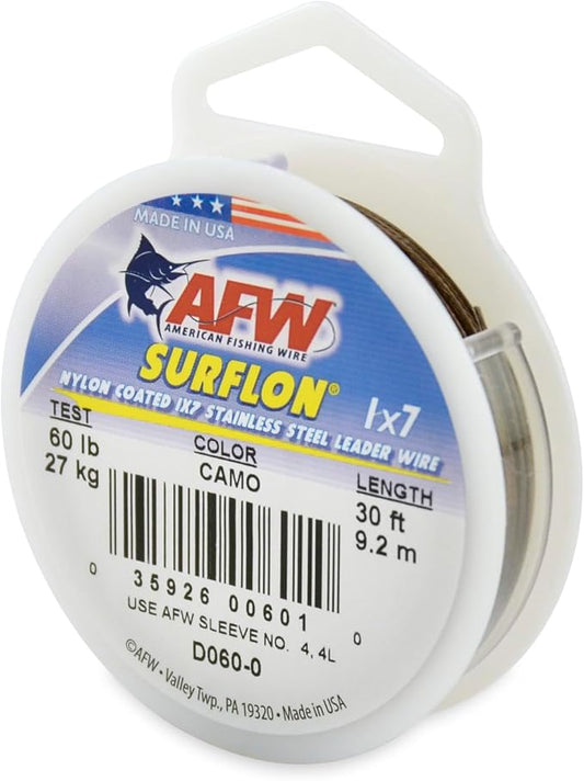 American Fishing Wire Surflon Nylon Coated 1x7 Stainless Steel Wire Leader - Wire Fishing Leader Line for Saltwater 10lb Up To 250lb Test in Bright, Black, Camo in 30ft, 100ft, 300ft, & 1000ft Lengths