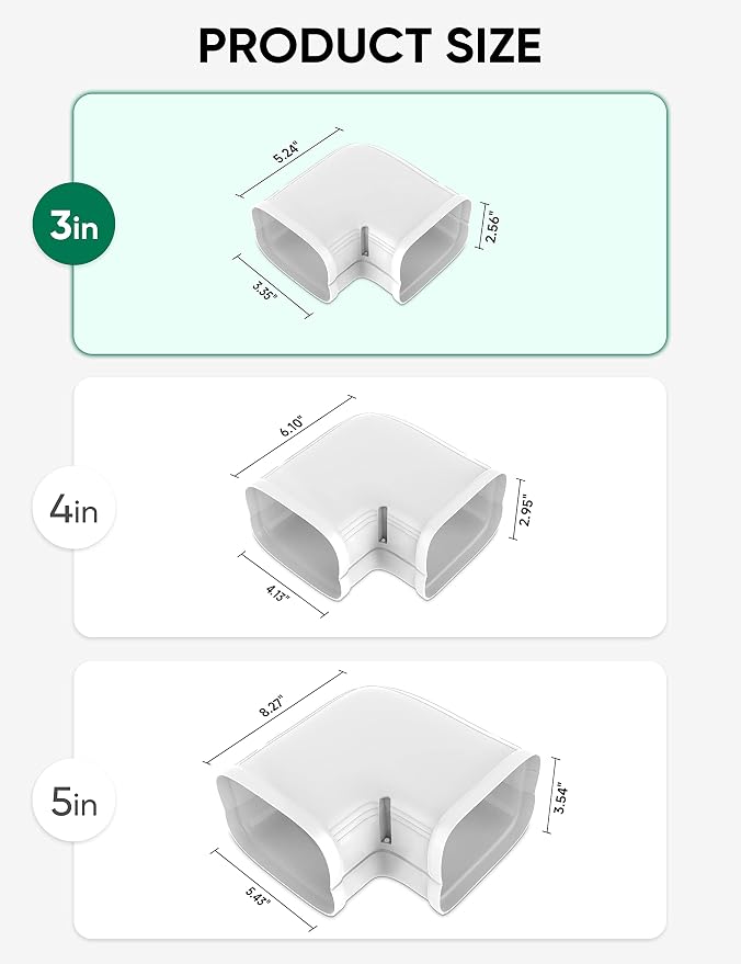 3" Flat Elbow Line Cover Set Parts PVC Accessory for Decorative for Ductless Mini Split, Central AC and Heat Pumps