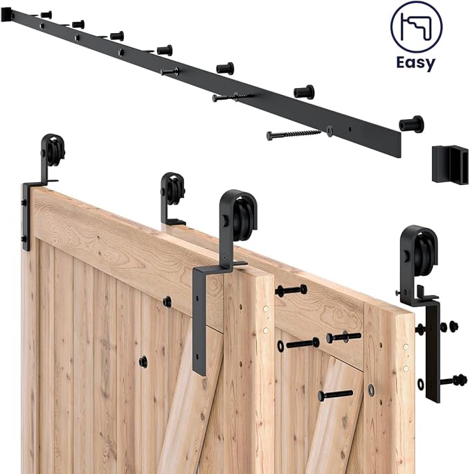 SMARTSTANDARD 9 Feet Bypass Sliding Barn Door Hardware Kit - for Double Wooden Doors-Single Track - Smoothly & Quietly - Easy to Install-Fit 96" Opening
