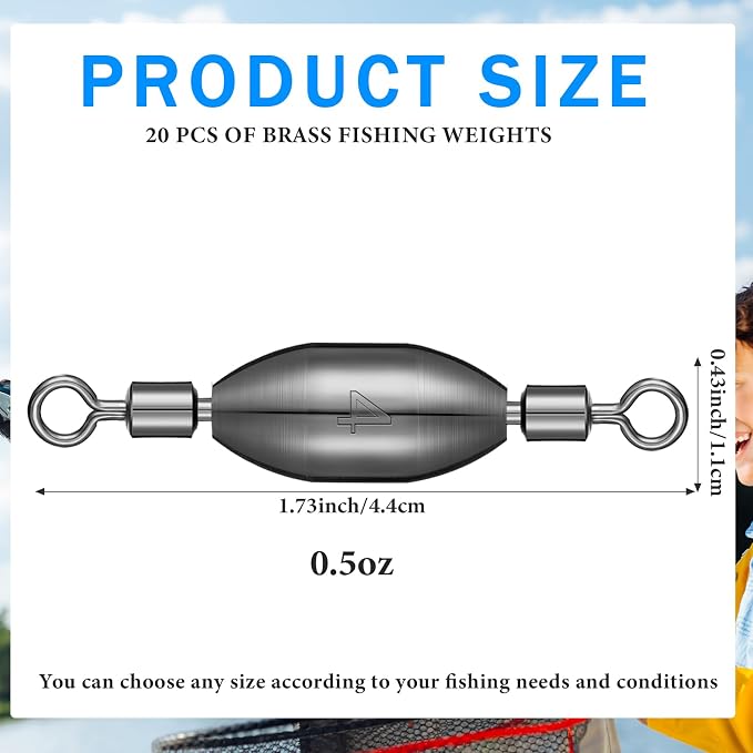 Seenelling 20 Pcs Brass Fishing Sinker Swivel Fishing Weights Saltwater Bullet Sinkers Drop Shot Weight Egg Sinkers with Swivel Rolling Removable Freshwater