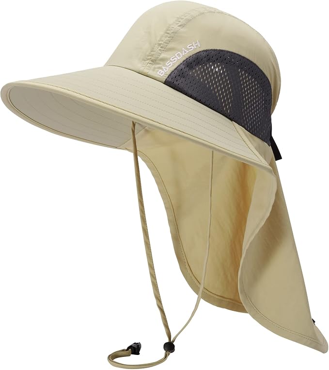 BASSDASH UPF 50+ Unisex Water Resistant Wide Brim Sun Hat with Large Neck Flap Ponytail Fishing Hat for Men Women