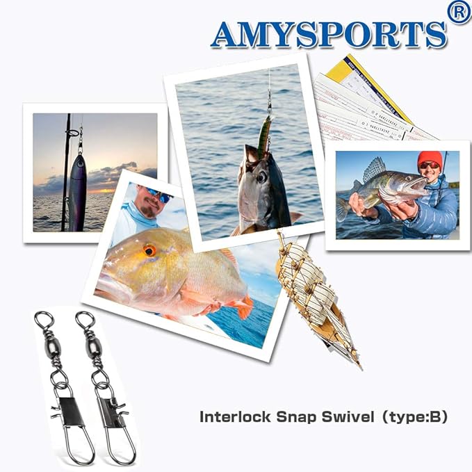 AMYSPORTS Fishing Tackle Barrel Swivel Snap High Strength Snap Swivel Saltwater Stainless Steel Fishing Barrel Snaps Interlock Snaps Freshwater Leader Lure Connnector Accessories
