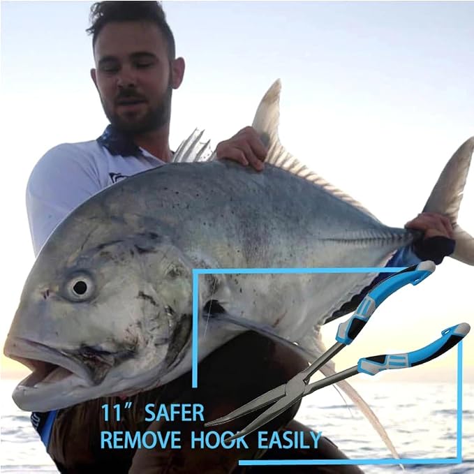 11" Long Nose Fishing Pliers, Straight & Bent Jaws, PTFE Coated Corrosion Resistant, Hook Remover & Braid Cutter Fishing Needle Nose Pliers, Saltwater Freshwater Gear for Bass Snook Trout