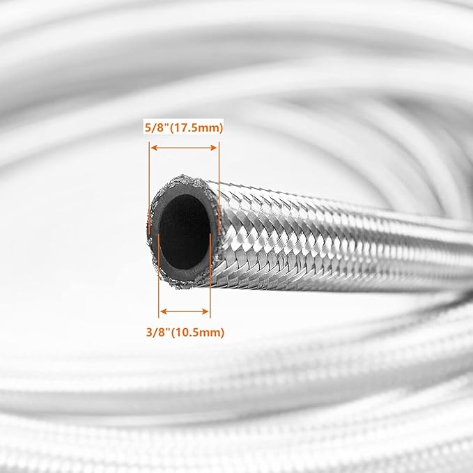 3 FT 6AN 3/8" ID Fuel Line Stainless Steel Braided Hose Kit, With 2 pcs AN6 Fitting Universal for Racing Fuel, Gas, Coolant