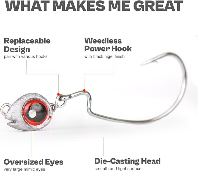 15-Sets Detachable Fish Head Swimbait Jig Heads - Weedless EWG Hooks Kit for Fishing (15 Fish Eye Weights + 15 Hooks)