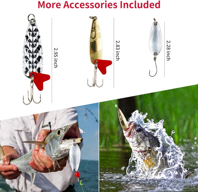 GOANDO Fishing Lures Kit for Freshwater Bait Tackle Kit for Bass Trout Salmon Fishing Accessories Tackle Box Including Spoon Lures Soft Plastic Worms Fishing Gifts