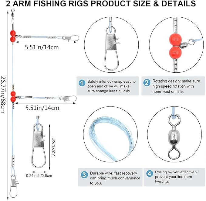 YOTO Fishing Leaders,Saltwater Tackle Rig with Swivels Snap, High-Strength Fishing Wire Gear Equipment for Lures Bait Or Hooks,1Arm and 2Arm
