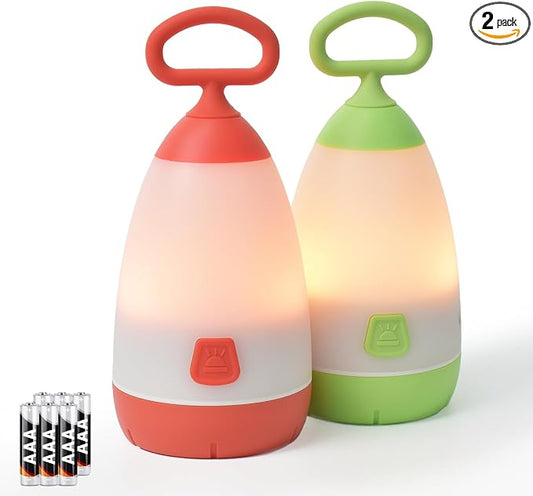 2-Pack Kids Camping Lantern & Night Light, Battery Operated, 360° Eye-Safe Light, IPX4 Waterproof RGB Portable for Family RV Camping (Green & Red, 6× AAA Included)