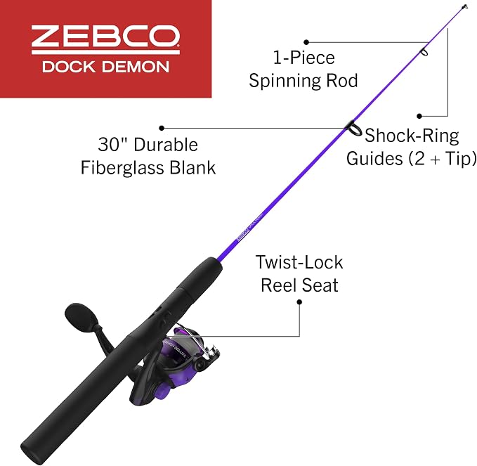 Zebco Dock Demon Spinning Reel or Spincast Reel and Fishing Rod Combo, 30-Inch Durable Fiberglass Rod, QuickSet Anti-Reverse Fishing Reel