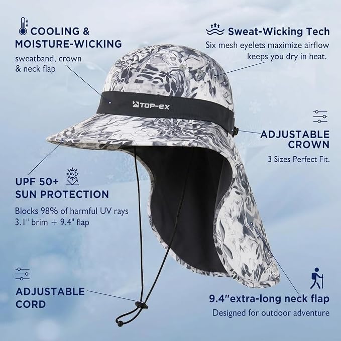 TOP-EX Cooling Sun Hat with Neck Flap – UPF 50+ Wide Brim Breathable Hat for Hiking, Fishing & Big Heads