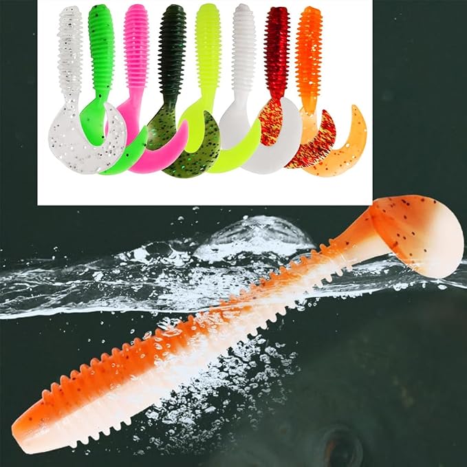 Soft Fishing Lures Set with Tackle Box, 6.5cm/8cm Paddle Tail Swimbaits, 60PCS Soft Plastic Baits with Curly Tails, Freshwater Fishing Lures for Bass, Trout, and More