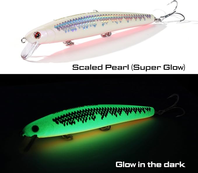 LITTMA California Surf Fishing Lures Saltwater Jerkbait Crankbait Surf Minnow 110/125 - Metallic Sardine Super Glow & Pearl Pink Belly Glow Lures for Halibut & Striper Fishing