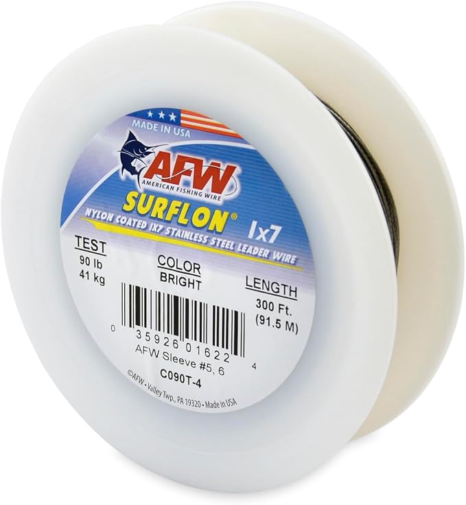 American Fishing Wire Surflon Nylon Coated 1x7 Stainless Steel Wire Leader - Wire Fishing Leader Line for Saltwater 10lb Up To 250lb Test in Bright, Black, Camo in 30ft, 100ft, 300ft, & 1000ft Lengths