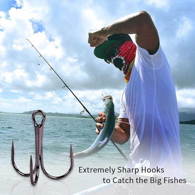 UCEC Fishing Hooks Treble Hooks Kit for Saltwater Freshwater, High Carbon Steel Strong Sharp Round Bend for Catfish Trout Hard Baits Lures, Size #1#2#4#6#8#10#12#14 110/50/210 Pack with Split Rings