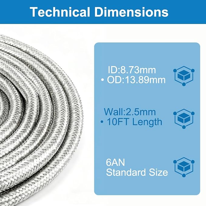 6AN Stainless Steel Braided Fuel Line Hose - 1015 PSI Working Pressure & 6090 PSI Burst Compatible with Oil, Fuel, Transmission Cooler, Hydraulic Lines - 10ft Length