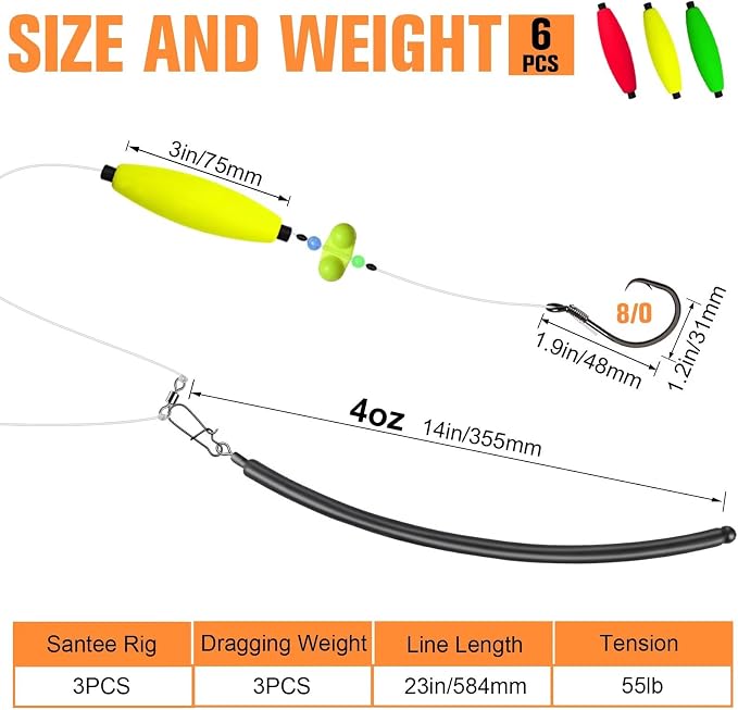 Dovesun 6PCS Catfish Rigs Kit Santee Rig with Catfish Float Rattler Dragging Weights Catfishing Tackle Circle Hook Size 5/0 8/0 Weight Size 2OZ/3OZ/4OZ