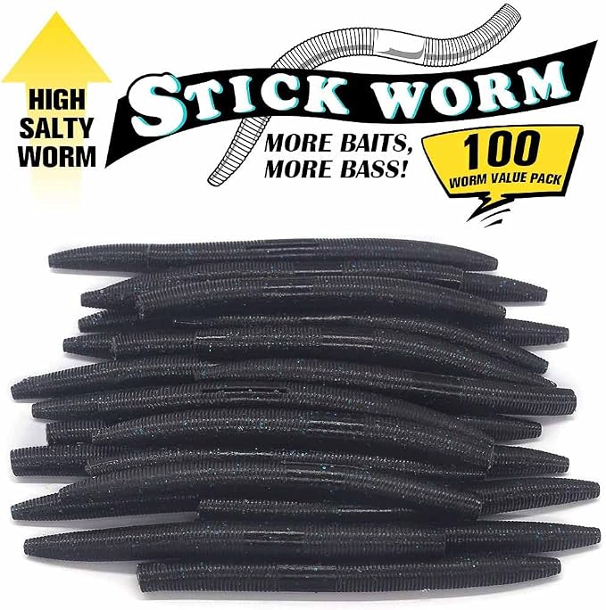 Wacky Worms Soft Plastic for Bass Fishing Lures–100 Pack 4" & 5" Stick Baits Wacky, Texas, Neko & Drop Shot Rigs–Bulk Soft Lure
