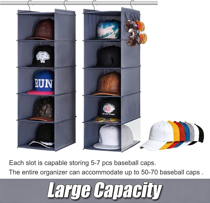 LADYBRO Baseball Cap Storage for Closet Hanging Hat Organizer Hat Rack 10-Shelf or 2 Pcs 5-Shelf, Trucker Dad Golf Cap Newsboy Container Display Hanger Holder Oxford Cloth Space Saver