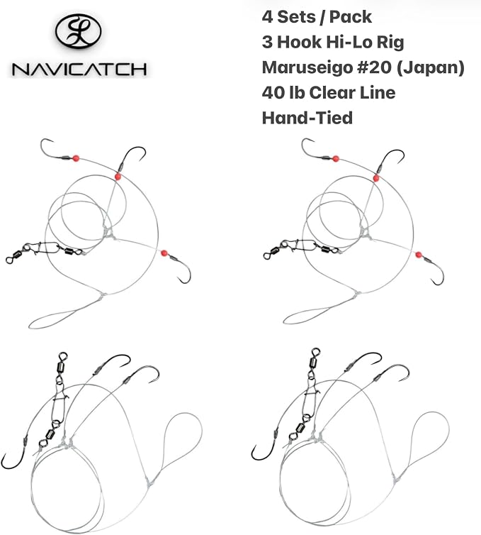Catfish, Scup (Porgy) & Sea Bass Rig – 3-Hook Hi-Lo Bottom Fishing Kit – Hand-Tied Japanese Hooks with PE Line – Saltwater & Freshwater – USA-Designed