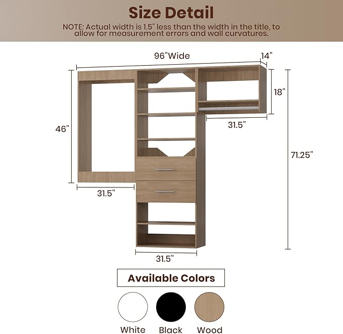 ROOMTEC Modular Closet System, 96" Wall Mounted Modern Closet Organizer with Hanging Rods and Drawers, Wooden Tower for Walk-In Closets, Wardrobe Storage Kit, Wood
