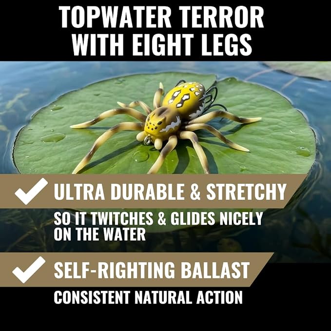 LUNKERHUNT Phantom Spider Lure for Bass Fishing (2.5 Inch) | Topwater Spider Fishing Lure with Natural Walking Action | Soft Hollow Body Weedless Hooks for Trout and Pike