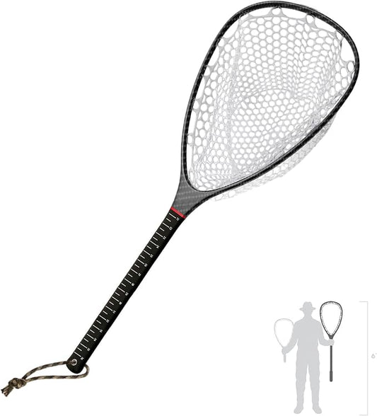 Riverruns Fly Fishing Landing Net Carbon Fiber Trout Net with Measurement Handle, Soft Rubber Mesh - 26" Standard (Wading) / 37" Long (Kayak)