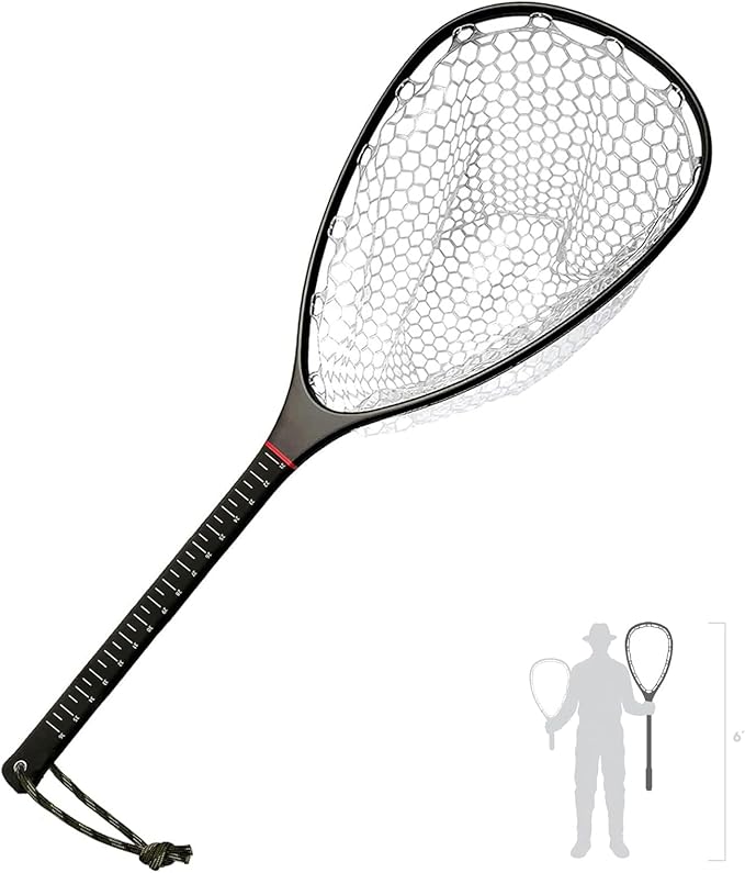 Riverruns Fly Fishing Landing Net Carbon Fiber Trout Net with Measurement Handle, Soft Rubber Mesh - 26" Standard (Wading) / 37" Long (Kayak)