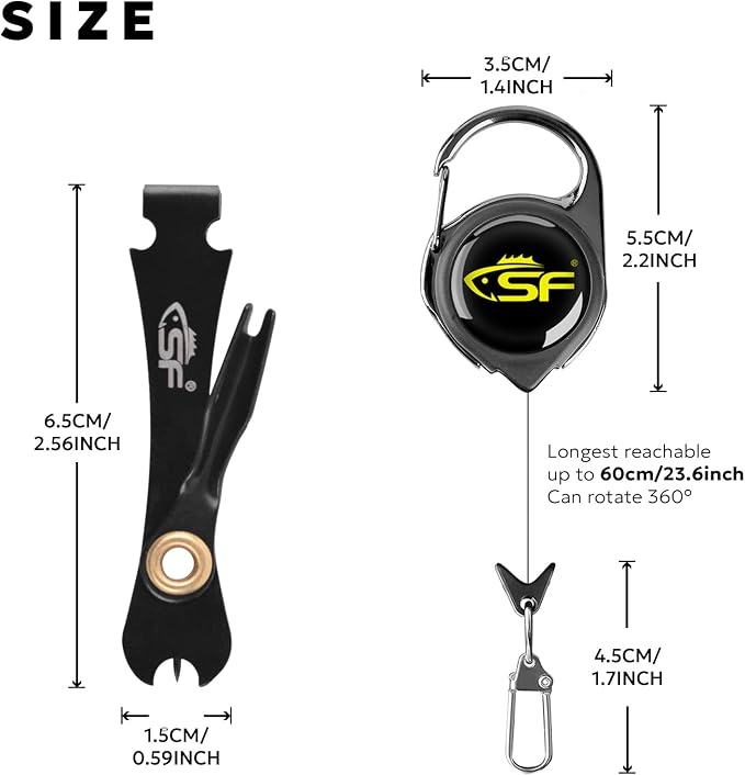 SF 2Packs 3 in 1 Fly Fishing Nipper Knot Tying Tool Black Stainless Steel Fly Line Cutter Fishing Clippers with Zinger Retractor for Tapered Leader Tippet Line