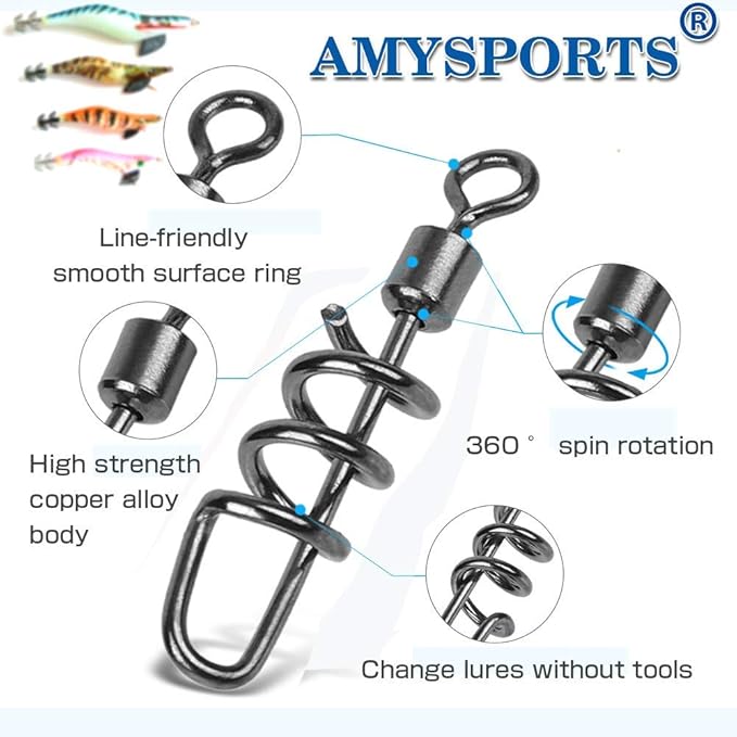 AMYSPORTS Fishing swivels Corkscrew snap swivels Fishing Tackle swivels Saltwater Freshwater Leader Lure jigs line Connector