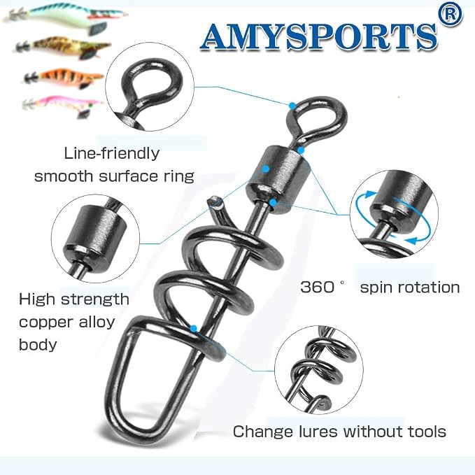 AMYSPORTS Fishing swivels Corkscrew snap swivels Fishing Tackle swivels Saltwater Freshwater Leader Lure jigs line Connector