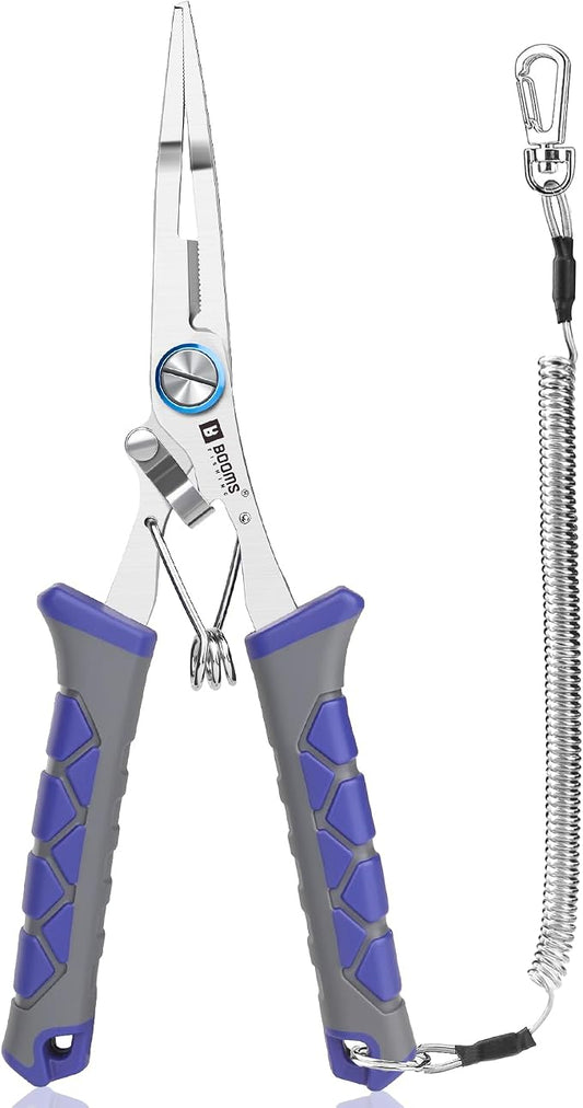 Booms Fishing Pliers Stainless Steel: 6.5" Split Ring Pliers - Braided Line Cutter & Scissors with Lanyard - Fish Hook Remover Tool for Saltwater and Freshwater - Fishing Tools for Angler, XW13