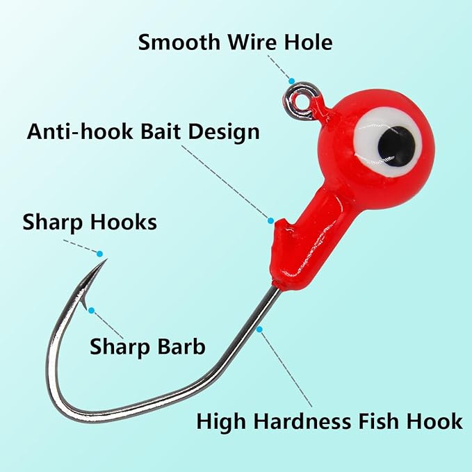 50pcs Fishing Jig Head Hooks kit, Round Ball Fishing Jigs with 3D Eyes Carbon Steel Hooks for Soft Lures Bass Freshwater Saltwater 1/8oz 1/6oz 1/4oz 1/16oz 1/35oz