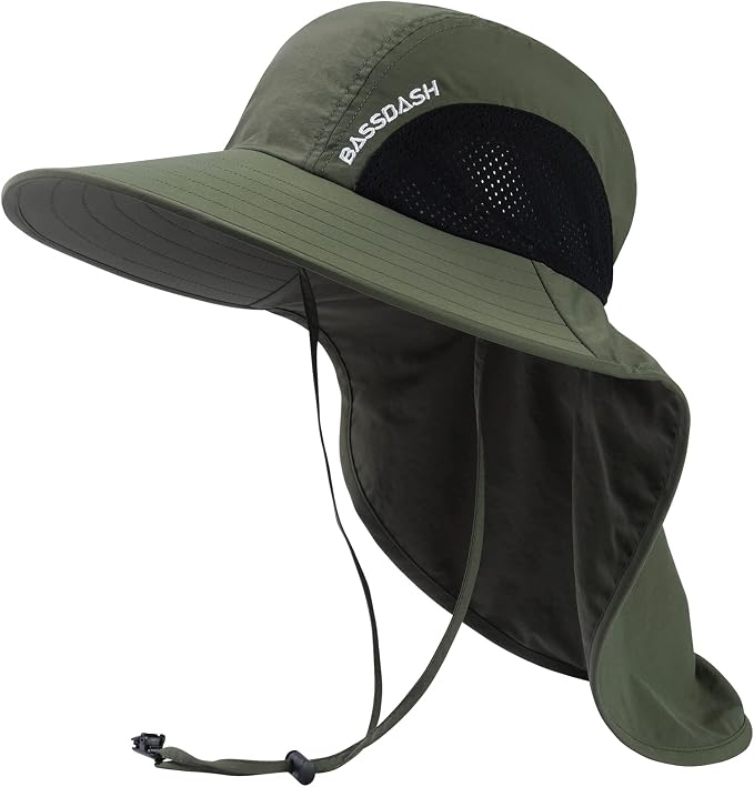 BASSDASH UPF 50+ Unisex Water Resistant Wide Brim Sun Hat with Large Neck Flap Ponytail Fishing Hat for Men Women