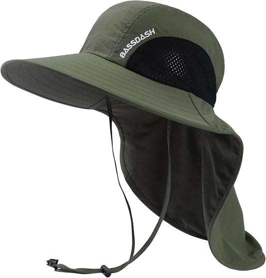 BASSDASH UPF 50+ Unisex Water Resistant Wide Brim Sun Hat with Large Neck Flap Ponytail Fishing Hat for Men Women
