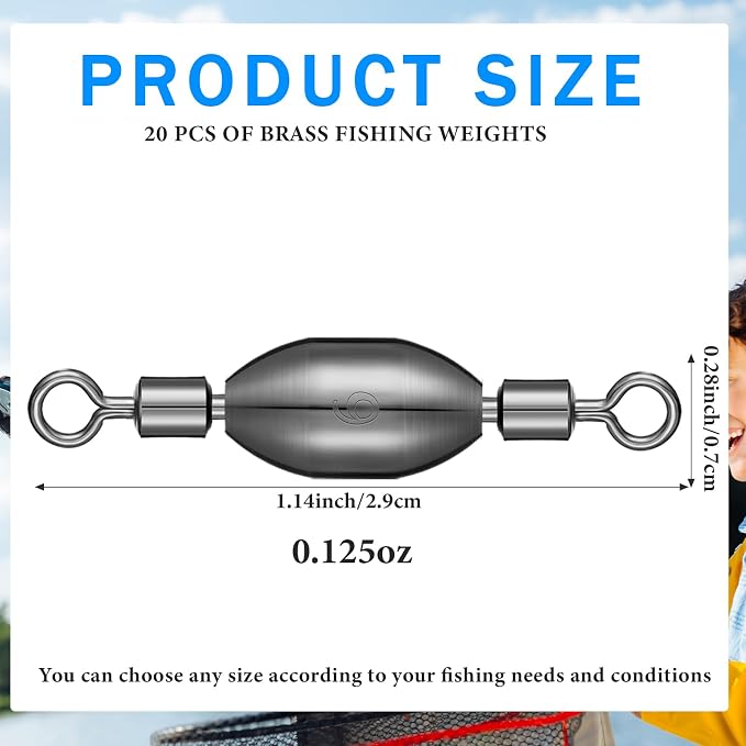 Seenelling 20 Pcs Brass Fishing Sinker Swivel Fishing Weights Saltwater Bullet Sinkers Drop Shot Weight Egg Sinkers with Swivel Rolling Removable Freshwater