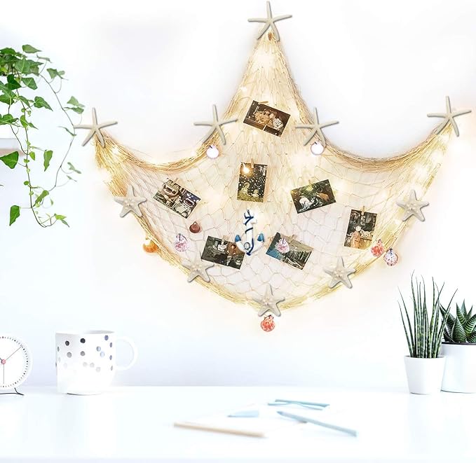 79 x 59 inch Nature Fish Net Wall Decoration with Colorful Sea Shells and 10 Pcs Natural Starfish Ocean Themed Mediterranean Style Fishing Net for Beach Party,Wedding,photography Wall Decoration