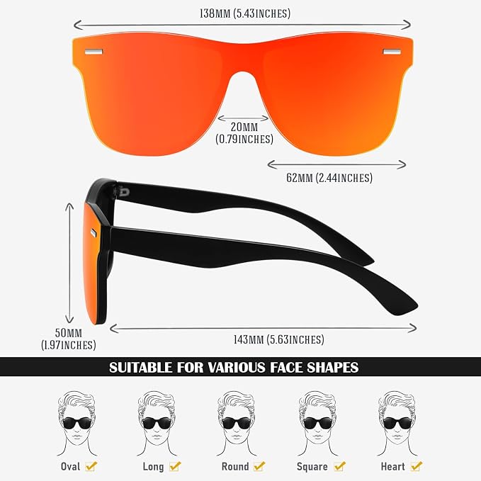 LINVO Trendy Polarized Mirrored Sunglasses Men Womens, Flat One Piece Reflective Shades for Driving Fishing UV400 Protection