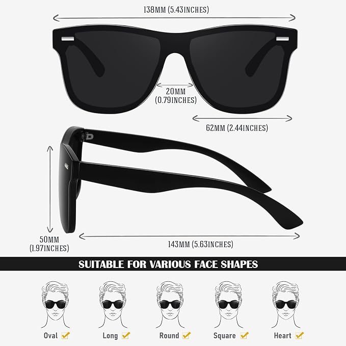 LINVO Trendy Polarized Mirrored Sunglasses Men Womens, Flat One Piece Reflective Shades for Driving Fishing UV400 Protection