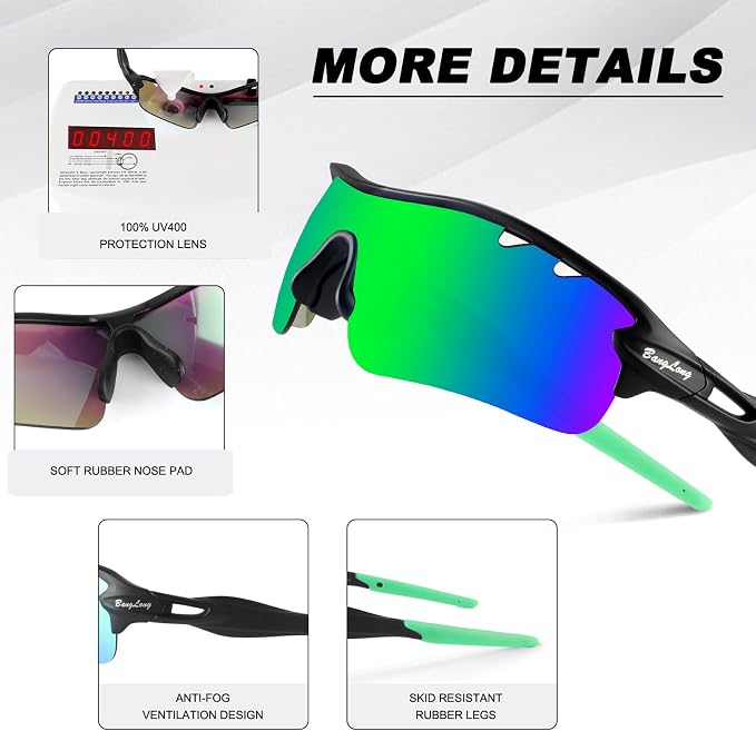 BangLong Polarized Cycling Sunglasses for Men Women, 26g Sports Sunglasses with 5 Lenses for Running Fishing Baseball Driving