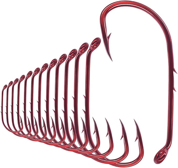 Baitholder Fishing Hooks 100 Pack - Double-Barbed Long Shank for Bluegill Bass Trout Walleye Black/Red, 8/0-#8