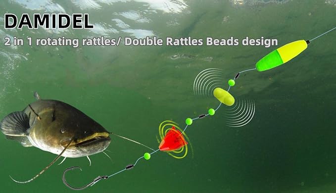 6Pcs Catfish Fishing Rigs Ready Kit，2 in 1 Rotating rattles/Double Rattles Beads, Float Rigs Tackle Santee Rig Peg Catfish，Free Adjustment in freshwter and Saltwater
