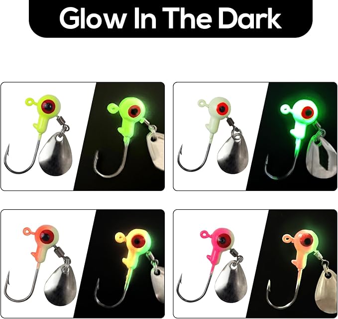 15/20/30Pcs Underspin Jig Heads with Spinner Fishing Jig Heads Hooks Set Crappie Jigs Fishing Jig Hooks Assortment Saltwater Freshwater Bass Crappie Trout Glow in The Dark…