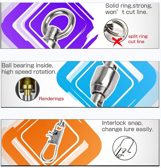AMYSPORTS Fishing Swivels with Interlock Snap Ball Bearing Swivels Fishing Snap Swivels Saltwater Freshwater Fishing Tackle Leader Lure Jigs Line Fishing Connector