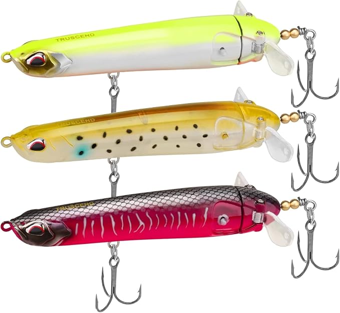 TRUSCEND Popobait Easy Catch Fishing Lures with BKK Hooks, Instant Startup, Longer Cast, Balanced Spray/Sound/Swim, Plopper Topwater Lures for Bass, Trout, Pike, Walleye, Freshwater Saltwater Fishing