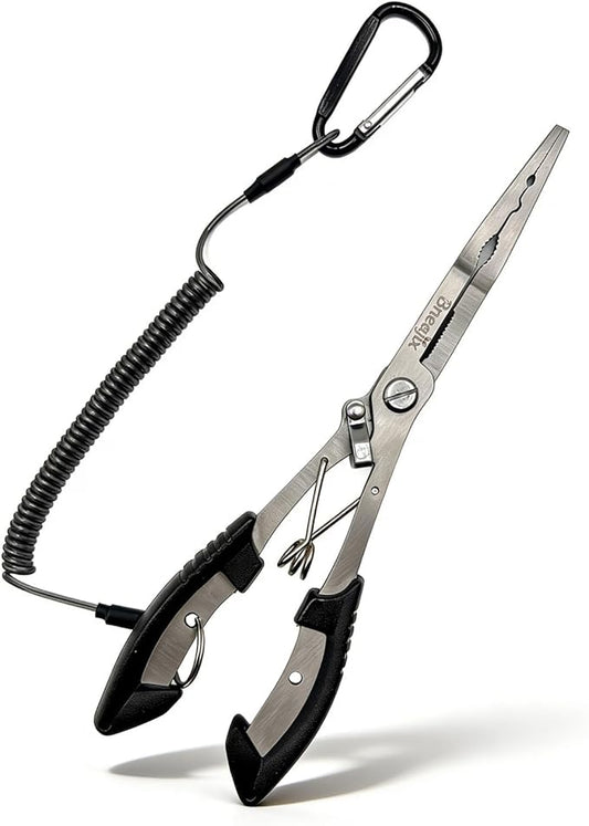 Professional 8.4 Inch Fishing Pliers with Safety Lock, Multi-Function Long Nose Hook Remover, Line Cutter, Crimper, Rustproof Stainless Steel Fishing Tool for Saltwater & Freshwater