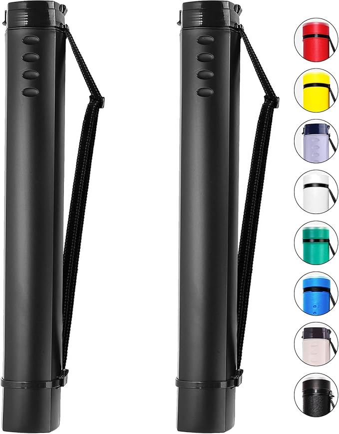 2-Pack Extendable Poster Tubes Expand from 24.5” to 40” with Shoulder Strap | Carry Documents, Blueprints, Drawings and Art | Black Portable Durable Round Storage Cases with Lids and Labels