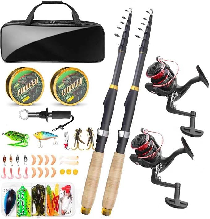 6.9FT 2PCS Telescopic Fishing Rod and Reel Combo, Collapsible Fishing Pole Set with Lip, Spinning Reel Line Lures Set with Carrier Bag, Saltwater Freshwater Fishing Gear for Adults