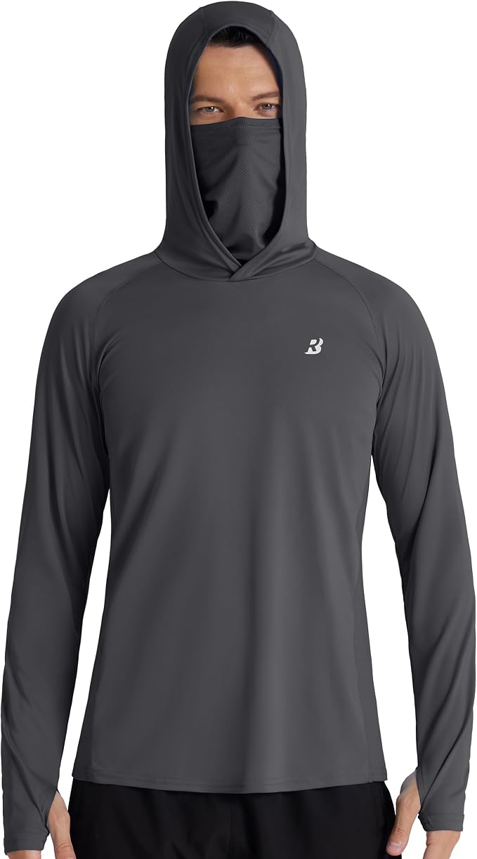 Roadbox Men's UPF 50+ Hooded Fishing Shirts Long Sleeve Sun Protection Hoodie, Hiking Running Swimming Rash Guard with Mask