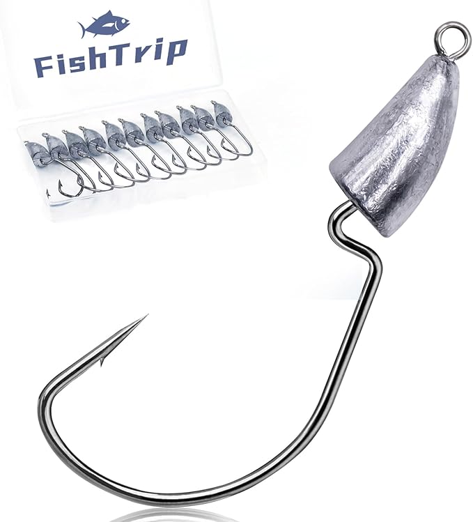 FishTrip Bullet Jig Head Weighted Hooks,10pcs Texas Rigs EWG Hooks for Bass Fishing Saltwater 1/16 1/8 1/4 1/2 oz