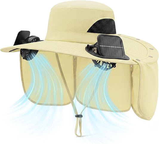 2 in 1 Wide Brim Sun Hat with 2 Solar Fans Sunshade UPF 50+ Garden Outdoor Fishing Beach Essential